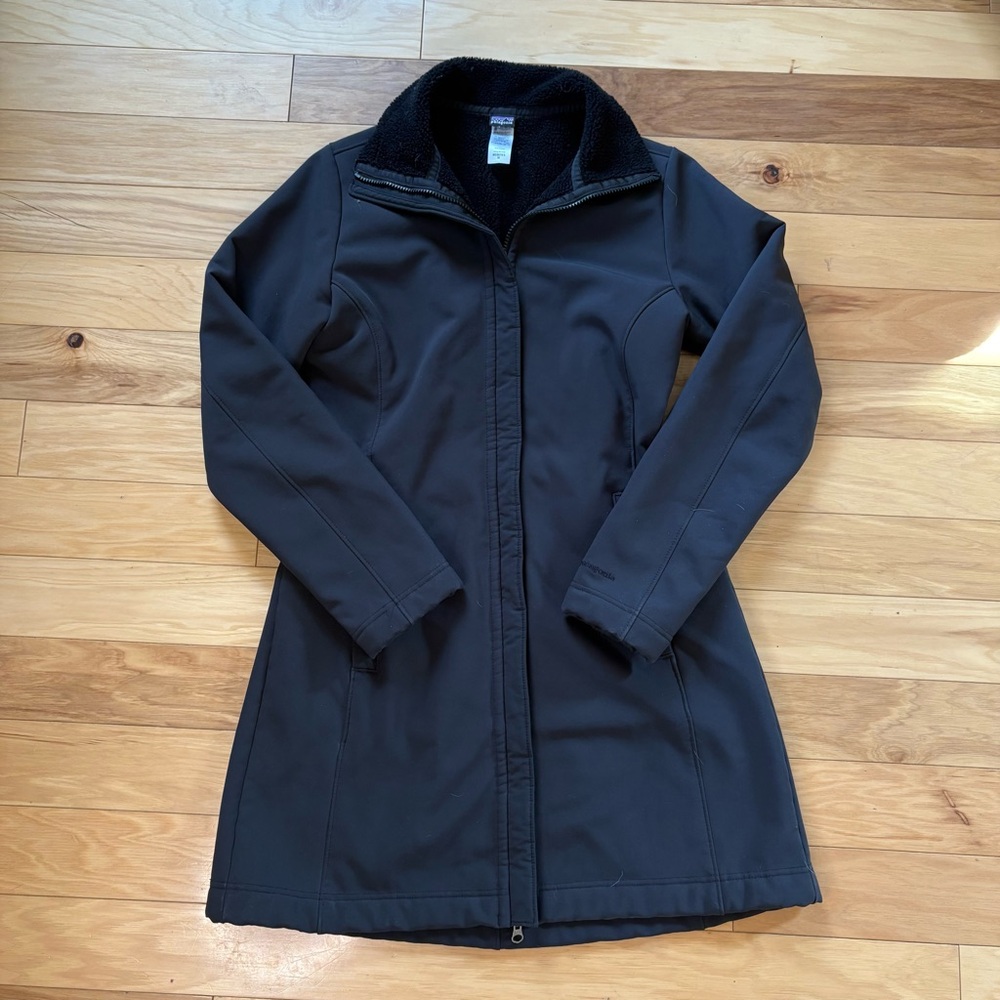 Patagonia Fleece Lined Trench Coat Womens Sz M Black Polartec Windbloc Jacket - Picture 2 of 11